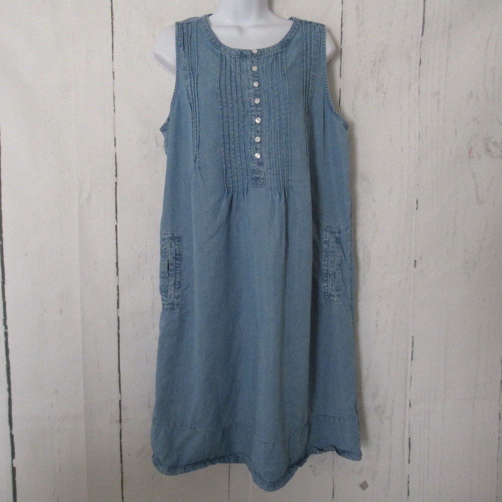 Coldwater Creek Dress M Tencel Lyocell Blue Pockets Shift Pinktuck Coastal Beach